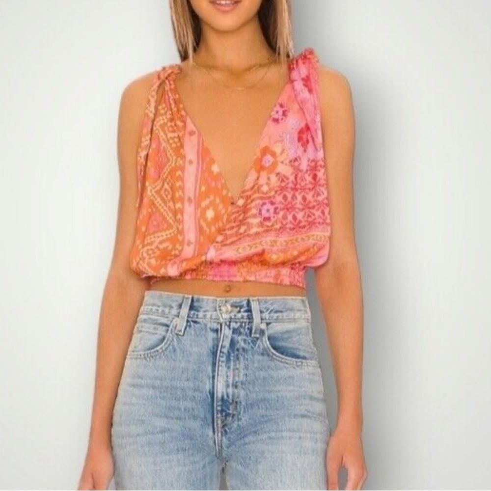 Free People Pink and Orange Floral Bandana Crop Tank Top